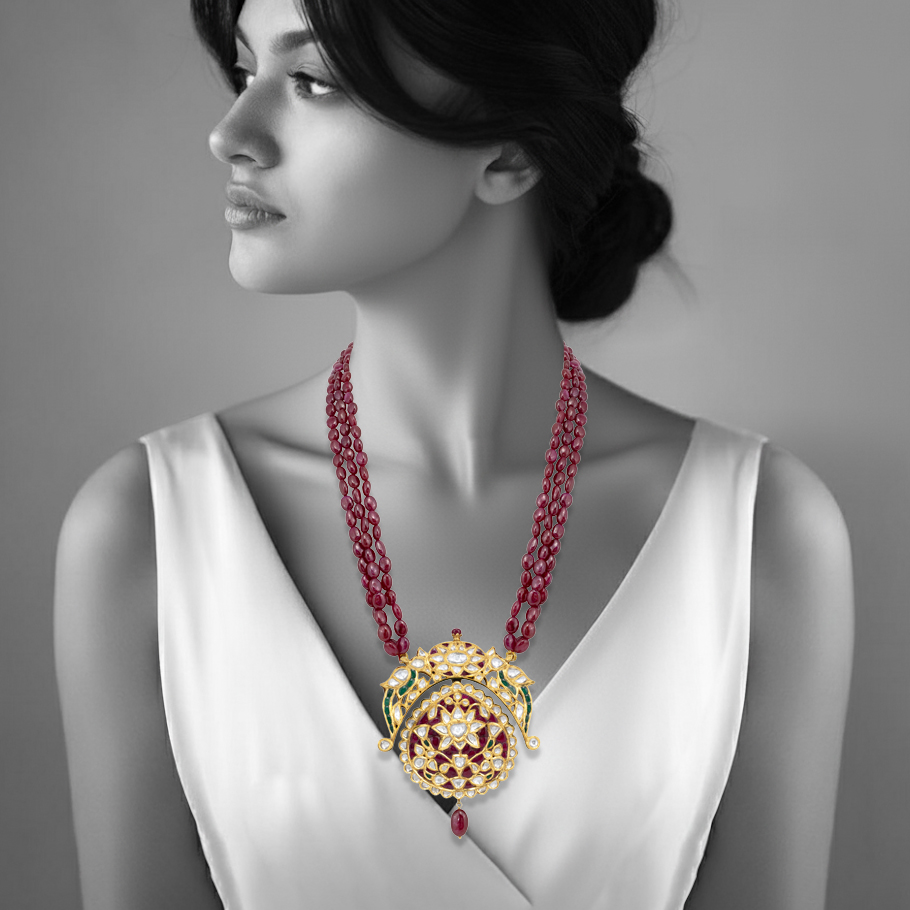 Ruby Strand Necklace with Talaf Bird Motif Pendant